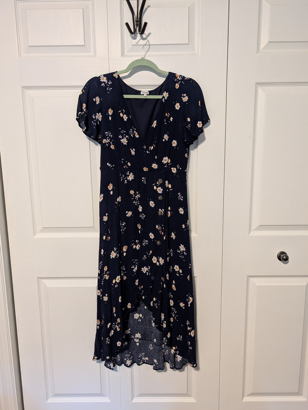 Navy Floral High-Low Midi Dress with V-Neck